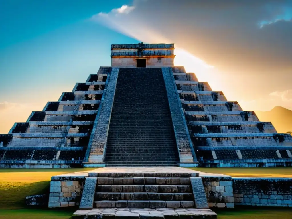 Detalle del Templo de Kukulcán en Chichén Itzá durante el solsticio de verano, destacando la arquitectura maya y su conexión con el cosmos