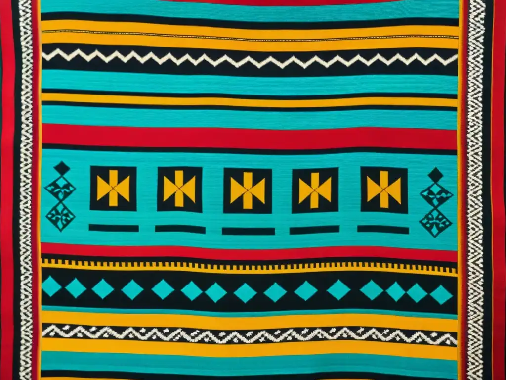 Detalle de textil maya antiguo con colores vibrantes y símbolos tradicionales representativos de la sociedad maya antigua