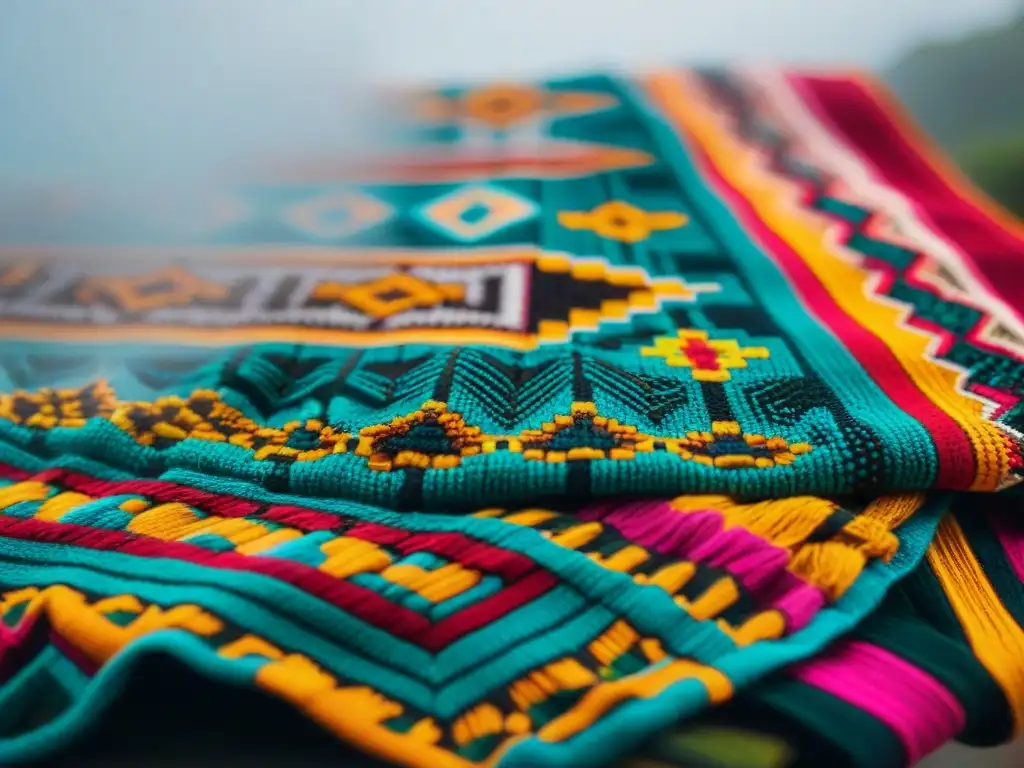 Detalle de un textil maya con patrones geométricos y colores vibrantes, transmitiendo simbolismo y tradición en cada hilo