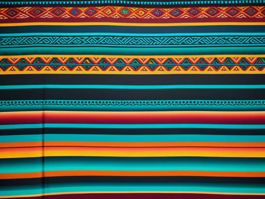 Detalle de un textil tradicional maya con simbolismo, colores vibrantes y patrones geométricos, evocando riqueza cultural