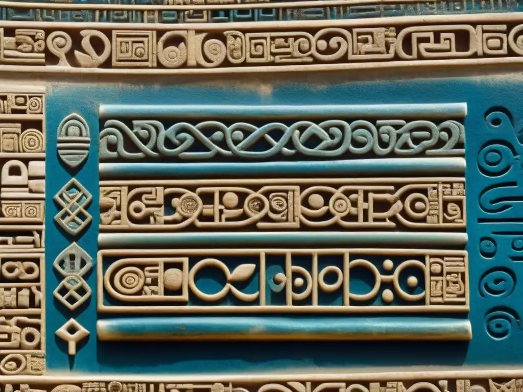 Detalle ultradetallado de un codex matemático maya, con complejas inscripciones y símbolos numerados en pergamino envejecido