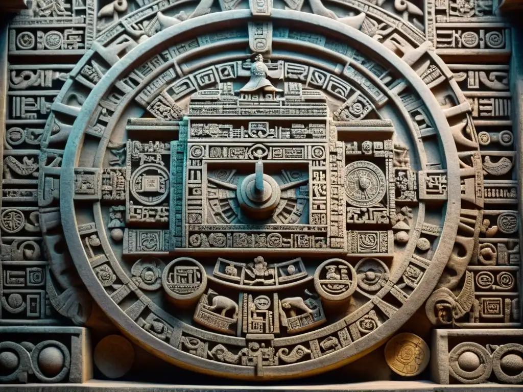 Detalle único: tallados y glifos en calendario maya de piedra, mostrando la influencia del calendario maya hoy