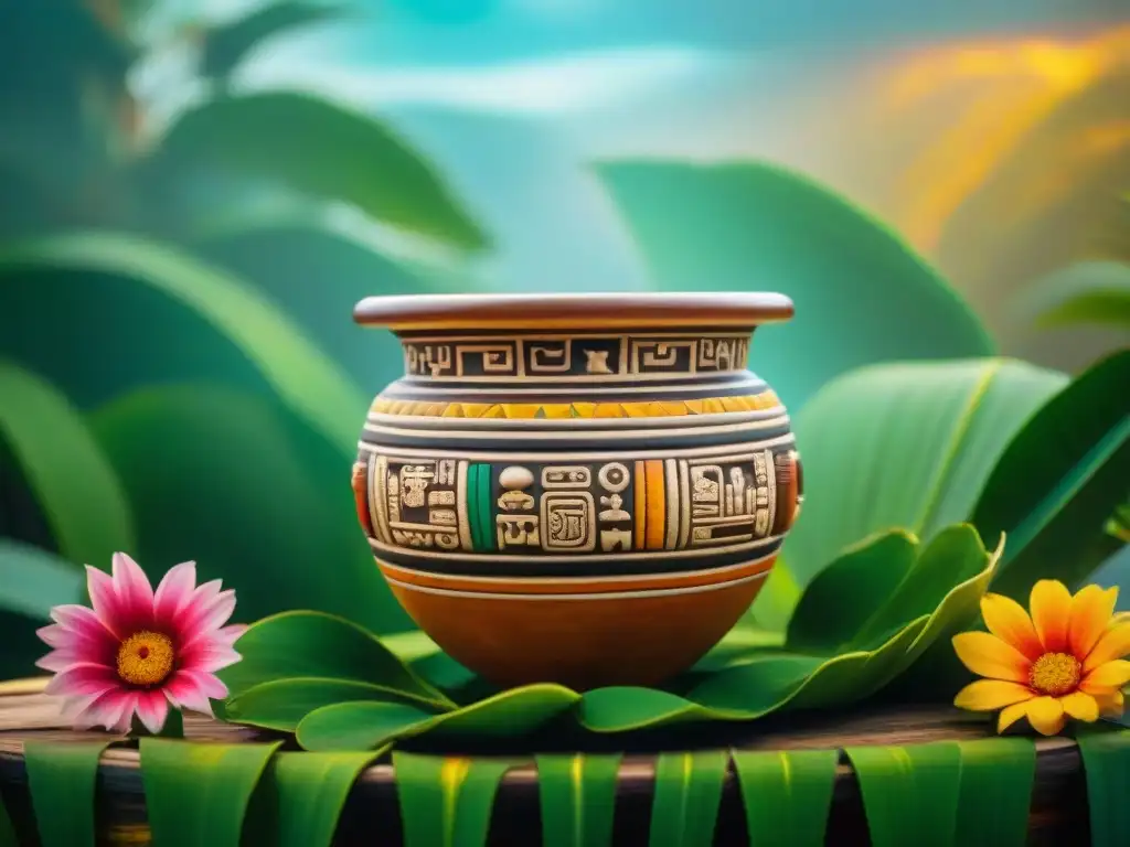 Detalle de vaso ceremonial maya con maíz dorado rodeado de hojas verdes y flores, reflejando la Importancia del maíz en rituales mayas