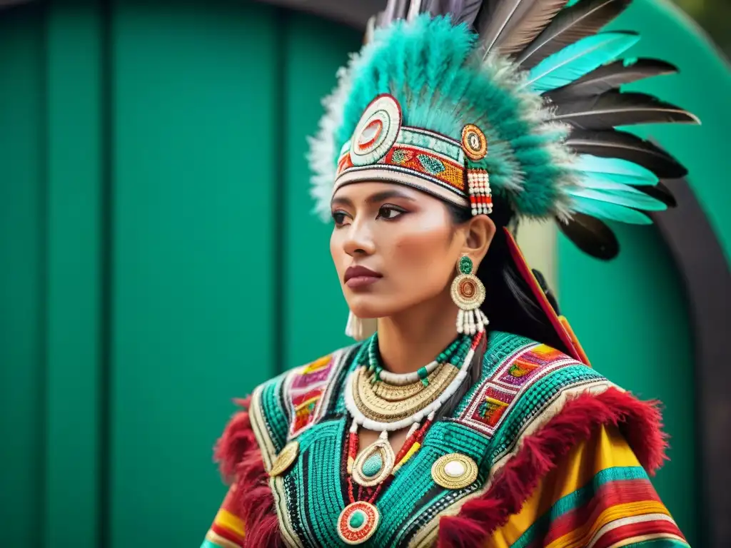 Detalle de la vestimenta en la sociedad maya: un individuo élite maya con atuendo de plumas, jade y textiles, reflejando su estatus y tradiciones