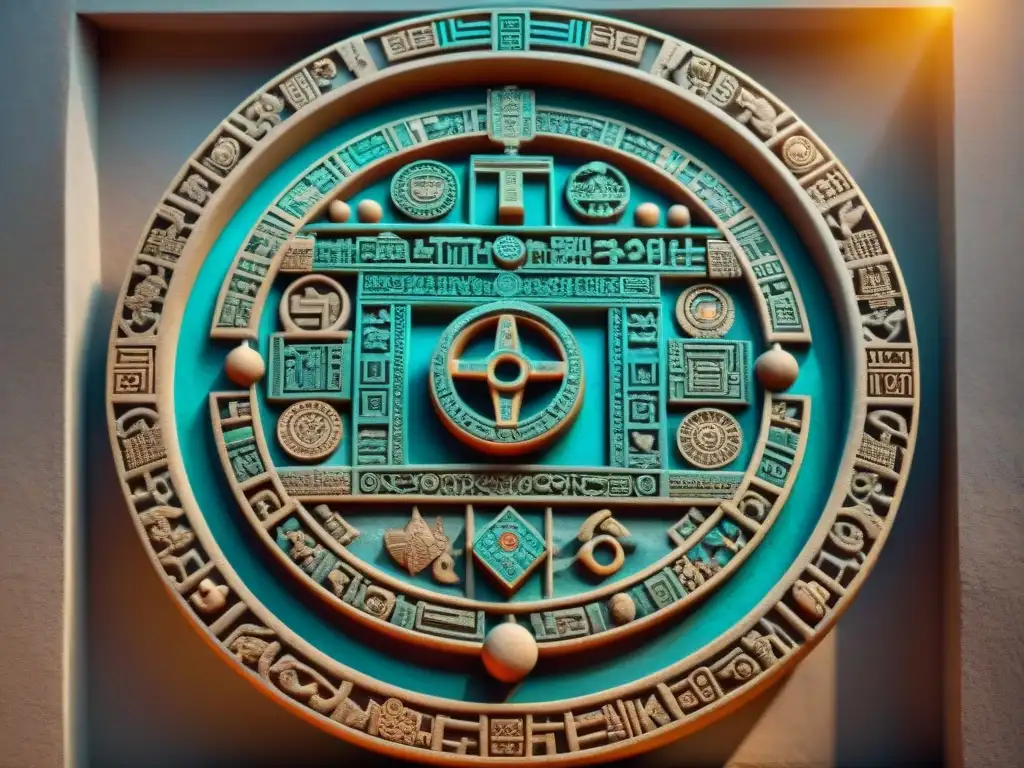 Detalle vibrante del ancestral calendario Maya con símbolos matemáticos, legado cultural y precisión en diseño