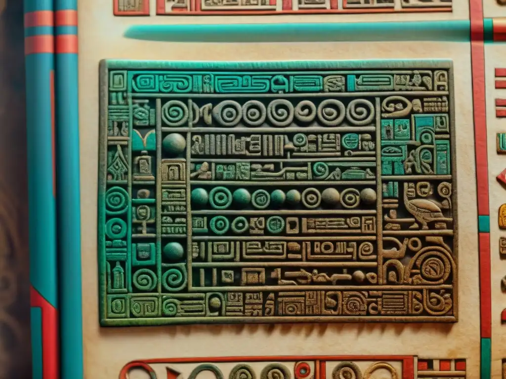 Detalle vibrante del antiguo códice numérico maya, mostrando intrincados jeroglíficos y símbolos en colores vivos sobre pergamino envejecido