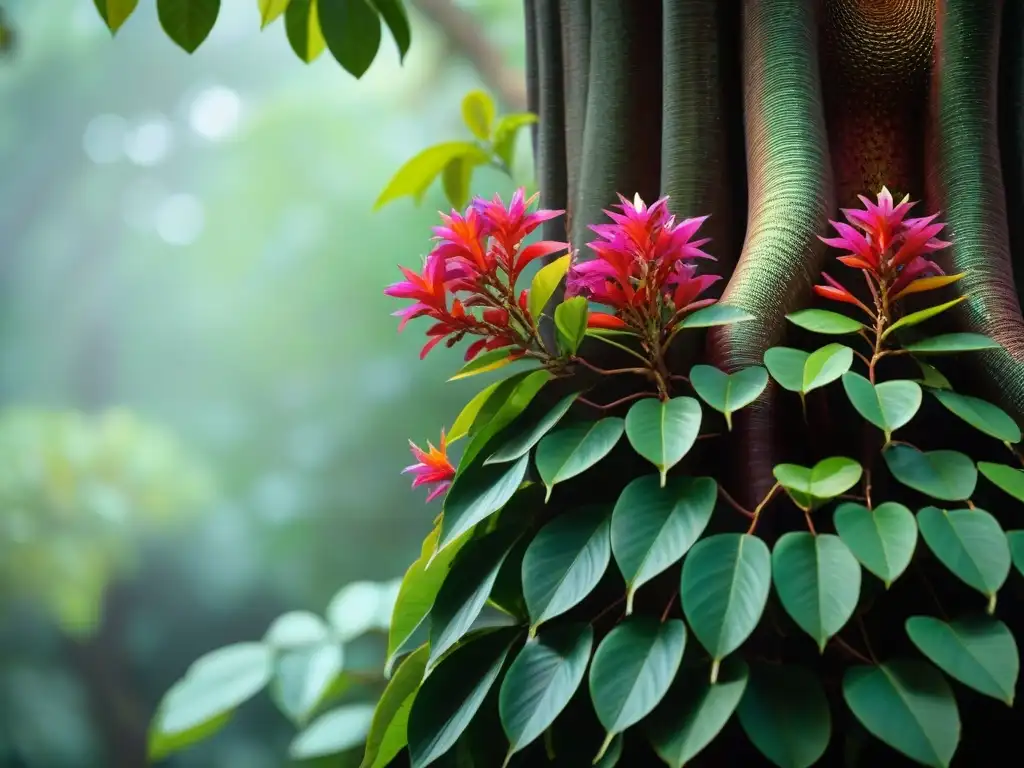 Detalle vibrante de un árbol Ceiba floreciendo en jardín maya