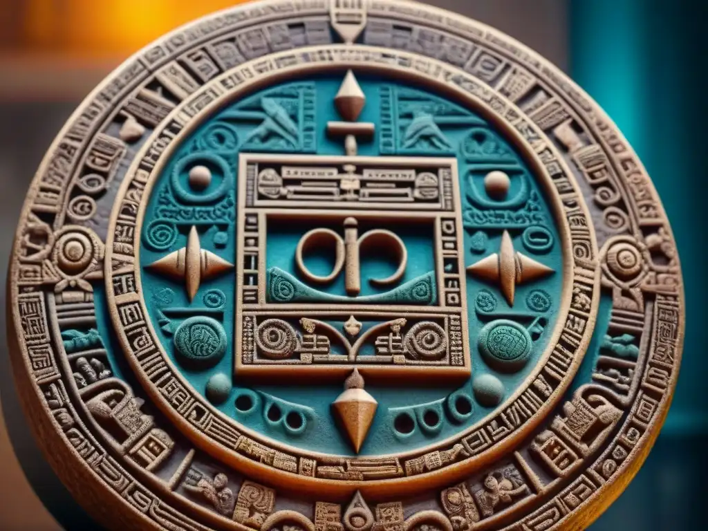 Calendario Maya: Detalles celestiales en piedra Detalle vibrante del calendario maya con símbolos de eclipses y cometas, resaltando la cultura y significados