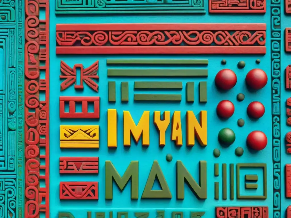 Detalle vibrante de un codex maya con intrincadas jeroglíficos en rojo, azul, verde y amarillo