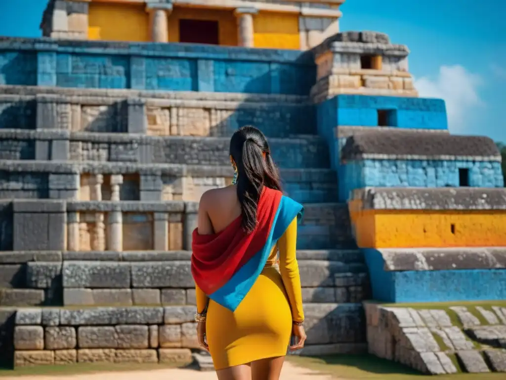 Detalle vibrante de colores mayas en ruinas antiguas de Chichén Itzá