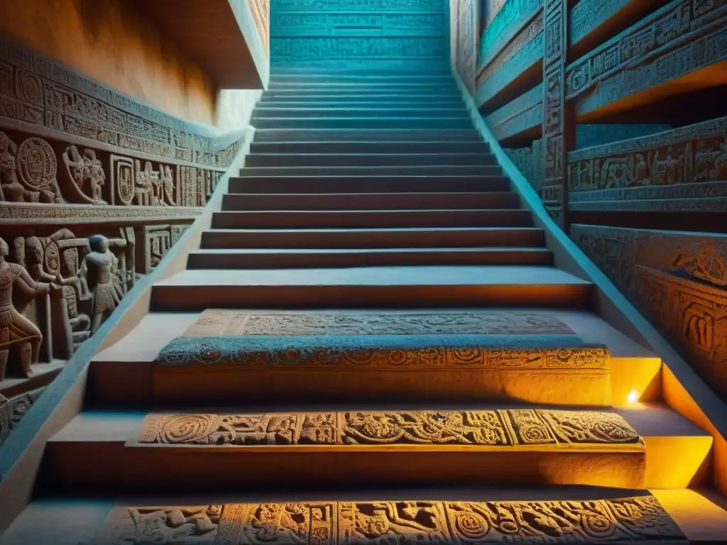 Detalle vibrante del diseño de escaleras mayas con intrincadas tallas y glifos, resaltando la artesanía y significado cultural