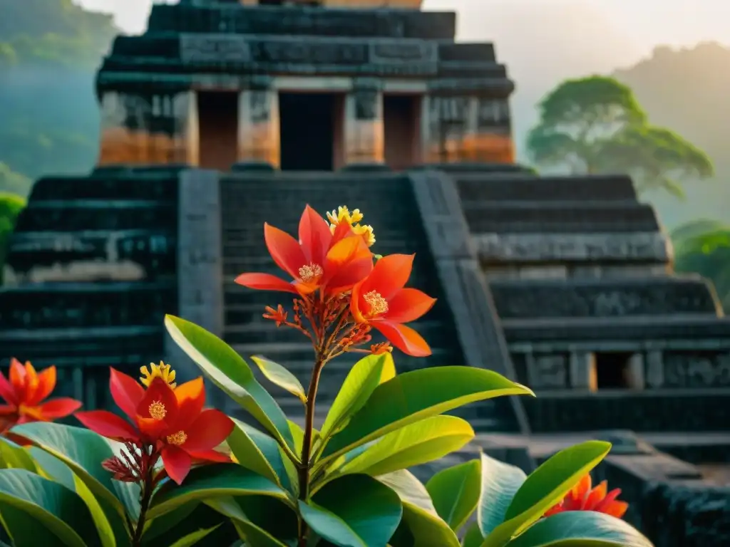 Detalle vibrante: ceiba roja florece al amanecer frente a ruinas mayas, resaltando la belleza de especies endémicas templos mayas