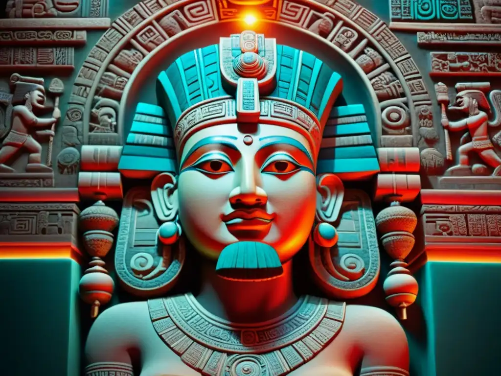 Detalle Mayan mural: colores vibrantes e intrincados símbolos revelados Detalle vibrante de un mural maya en fotografía infrarroja, resaltando símbolos ocultos