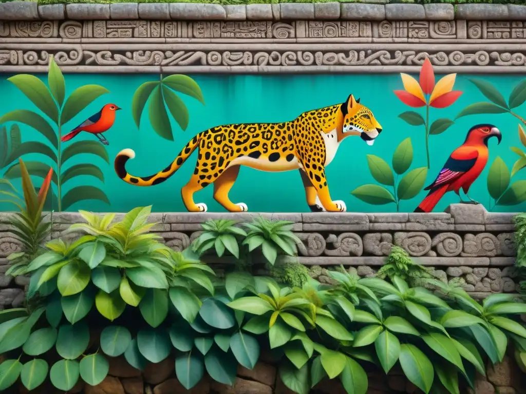 Detalle vibrante de mural maya con animales simbólicos en pared de piedra: significado animales pintura maya