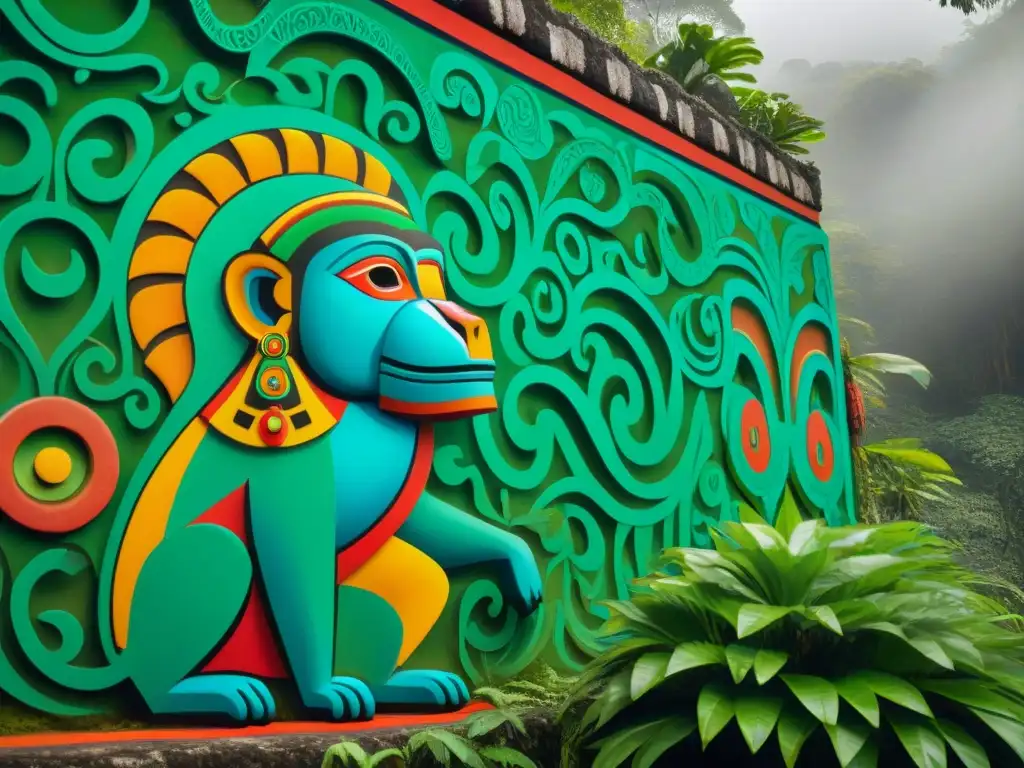 Detalle vibrante de un mural Maya antiguo con majestuoso Mono Aullador en la exuberante jungla