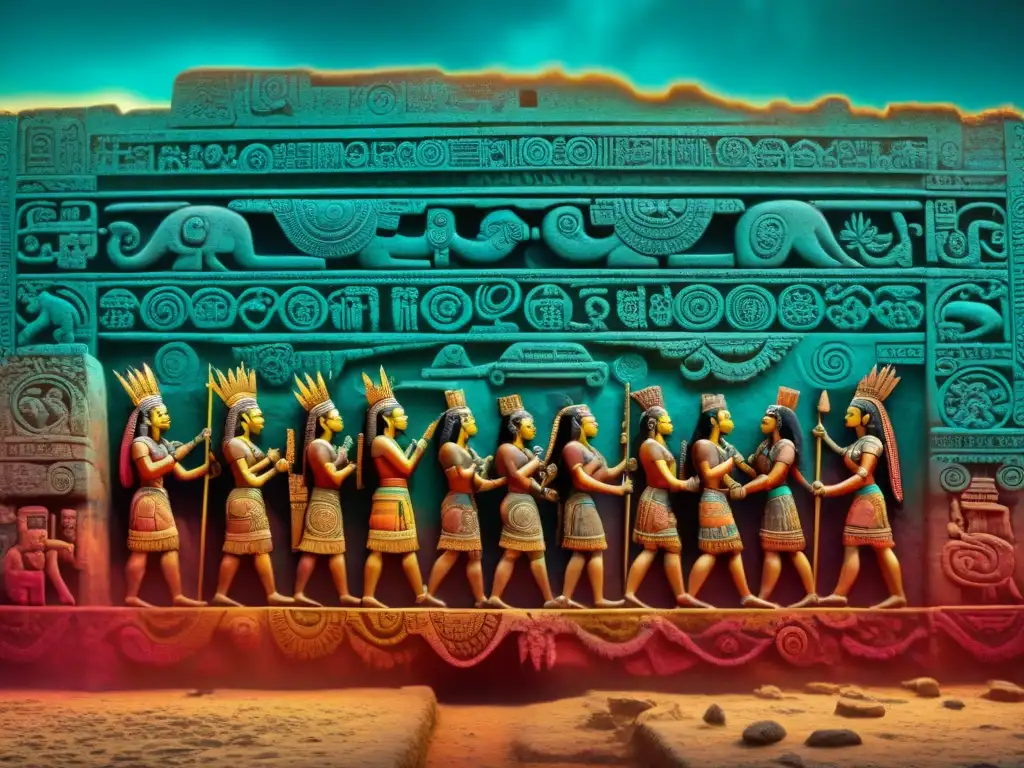 Descubre la vida maya: mural en infrarrojo revela detalles ocultos Detalle vibrante de mural maya en Fotografía Infrarroja, revelando símbolos ocultos y escenas de la antigua vida maya