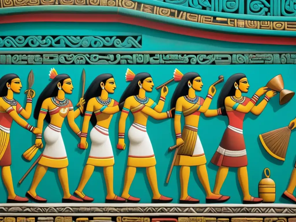 Detalle vibrante de mural maya en Bonampak, mostrando escenas de vida cotidiana con precisión y colores auténticos