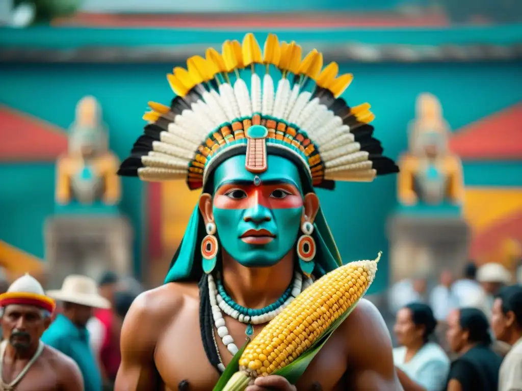 Detalle vibrante de mural maya con dioses de maíz, adoradores y mercado bullicioso