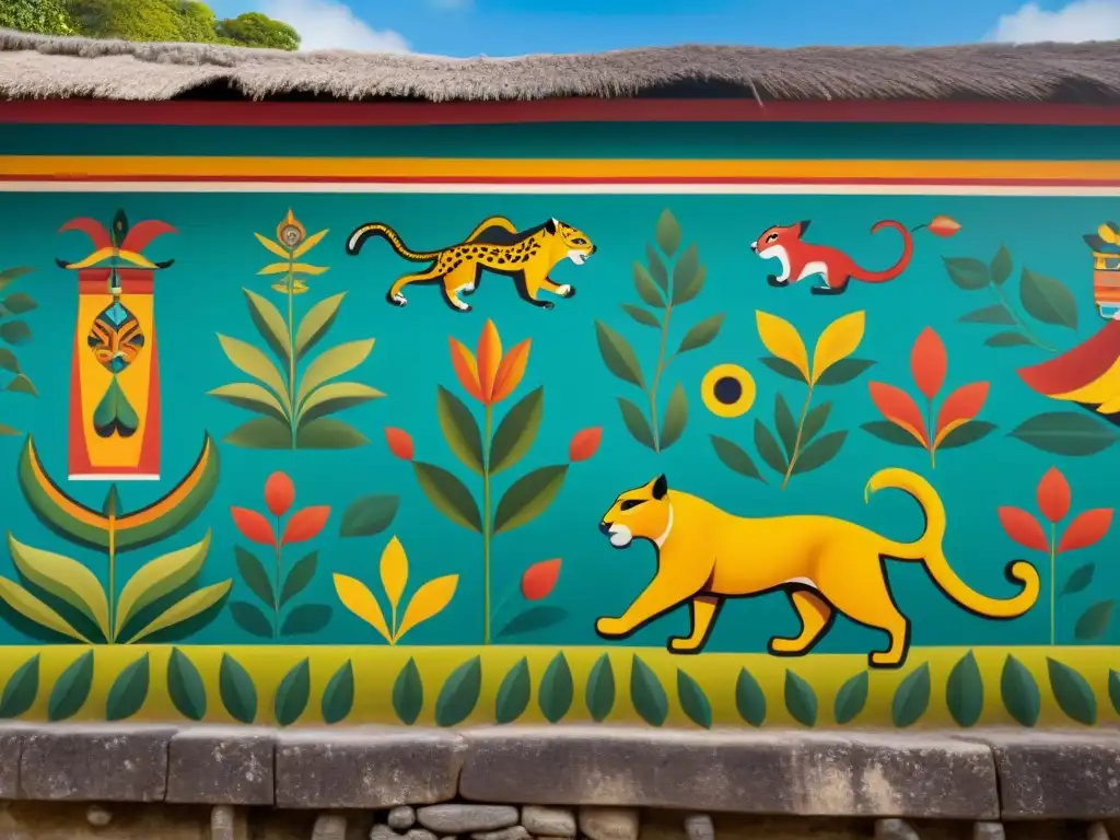 Detalle vibrante mural cultura maya: jaguares, quetzales y serpientes simbolizan significado espiritual y conexión con naturaleza