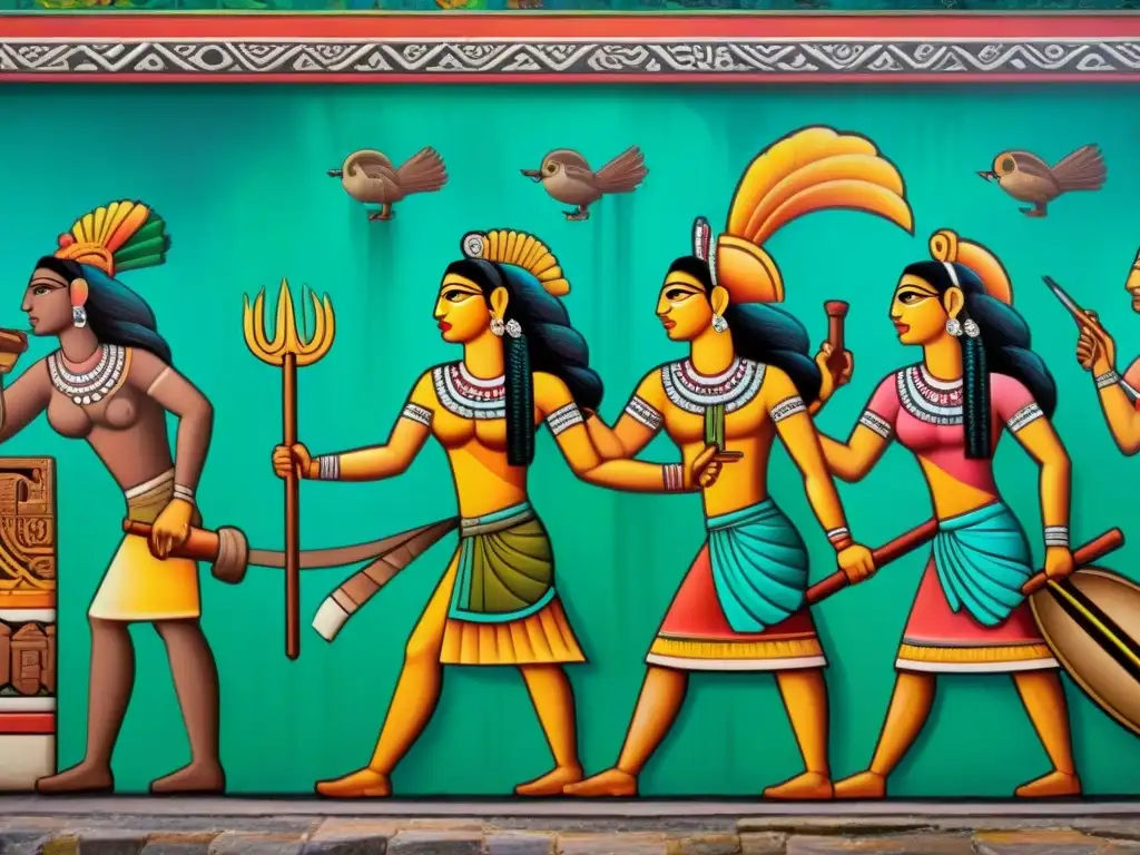 Evolución de la pintura maya: mural detallado y vibrante Detalle vibrante de un mural maya mostrando la evolución e innovación del arte