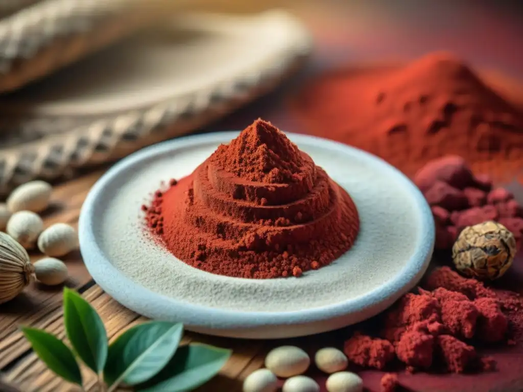 Detalle vibrante de pigmento rojo de semillas de achiote en la civilización maya