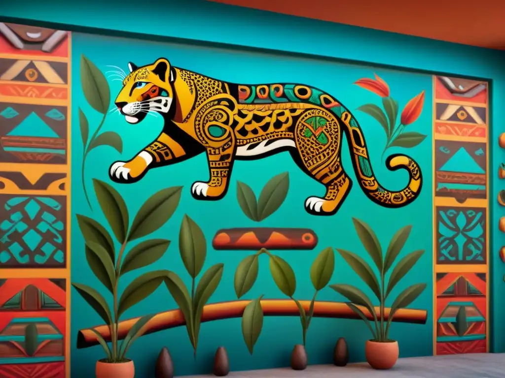 Detalle de una vibrante pintura maya con jaguares, serpientes y aves, mostrando el significado de los animales en la cultura maya