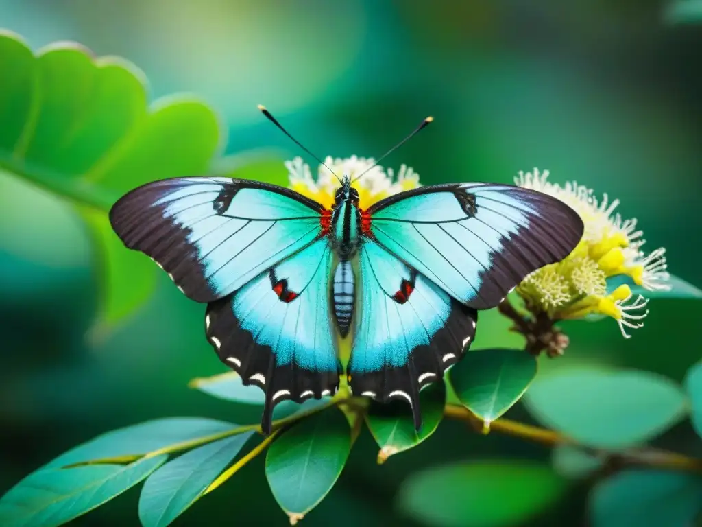 Detalle vibrante: mariposa Quetzal posada en flor ceiba, reflejando creencias mayas sobre insectos