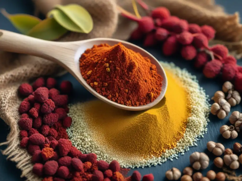 Detalle vibrante de semillas y polvo de achiote maya, mostrando propiedades medicinales con tonos rojos, amarillos y terrosos