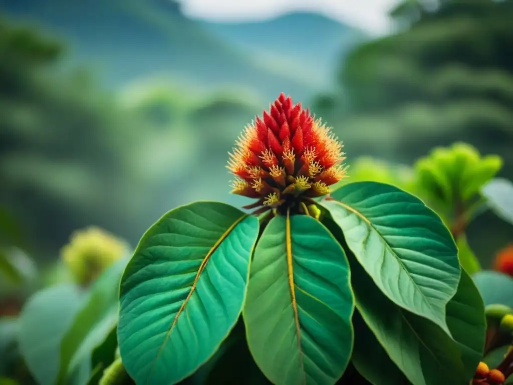 Detalle vibrante de semillas rojas de achiote en granja maya