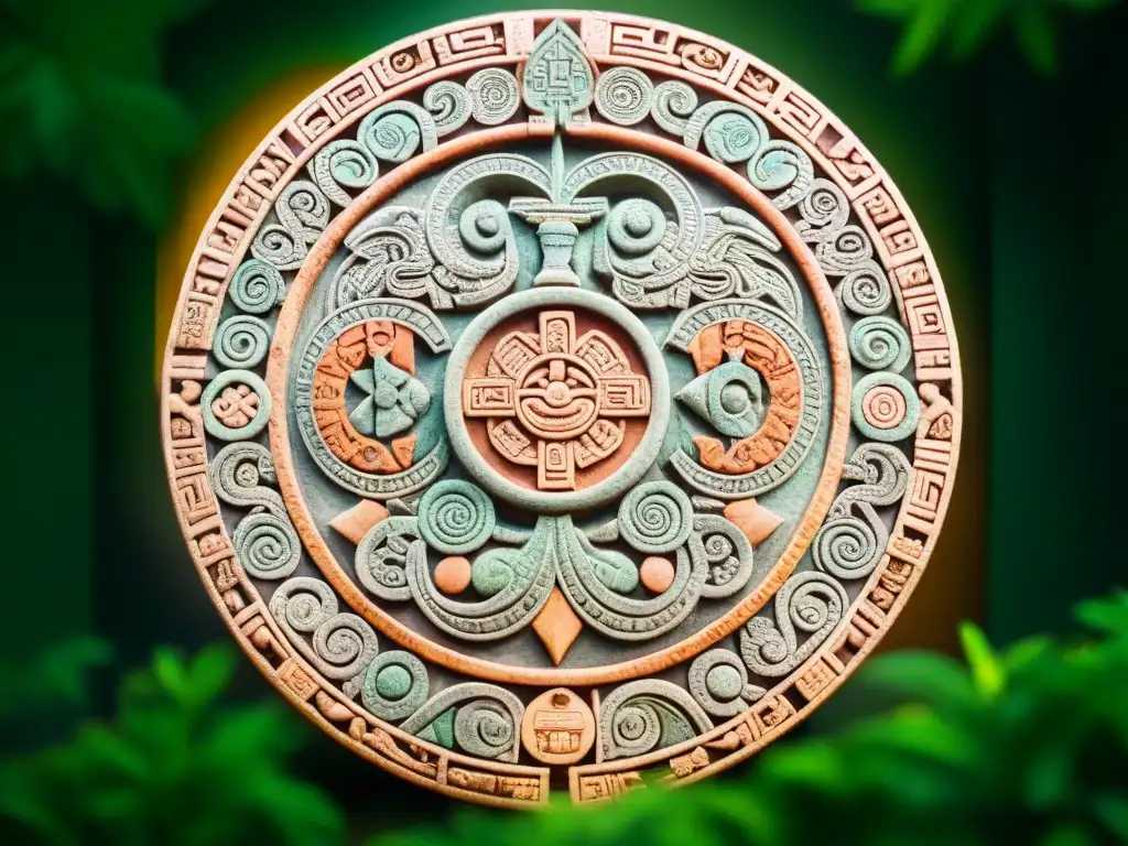 Detalle vibrante de una talla maya del calendario Tzolk'in, simbolismo y sociedad maya