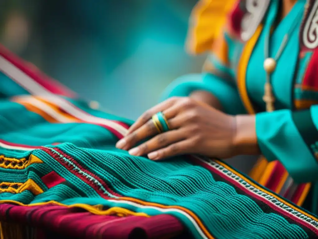 Detalle vibrante de un textil maya con ricos colores y complejos patrones