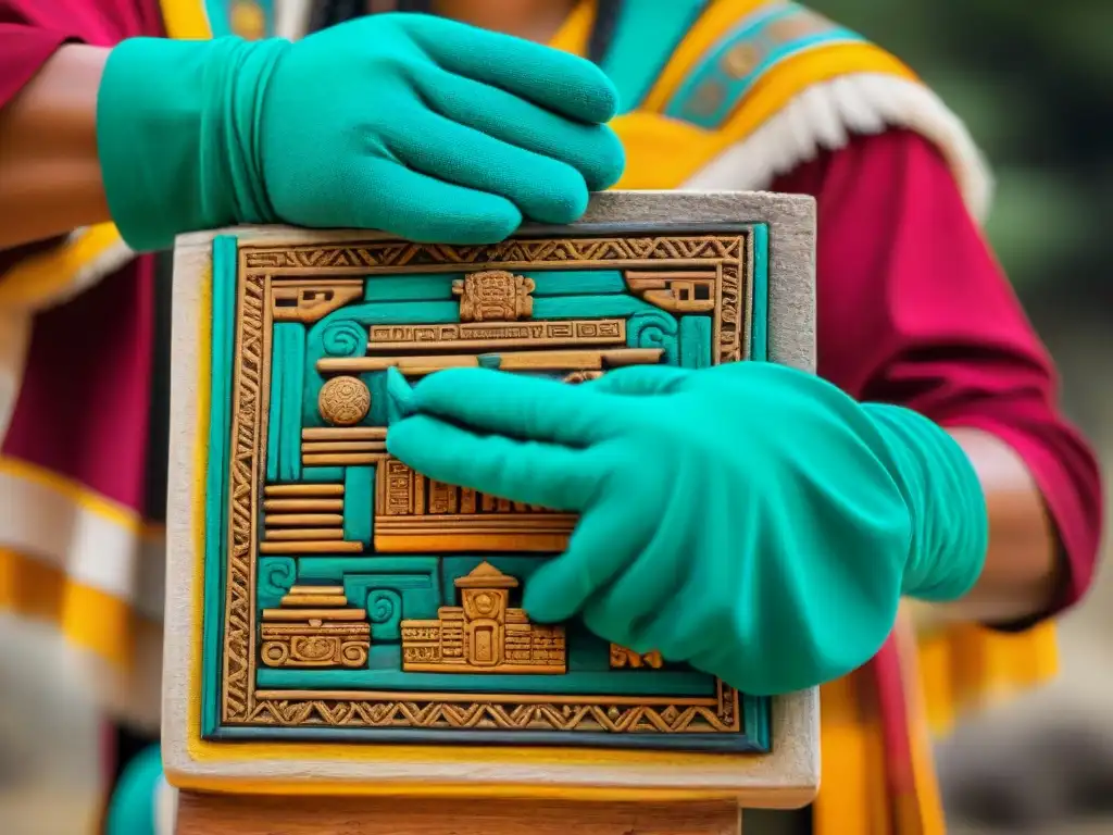 Detalles vibrantes del Lienzo de la Historia Maya Detalle de los vibrantes colores y trazos meticulosos del Descubrimiento Lienzo Historia Maya