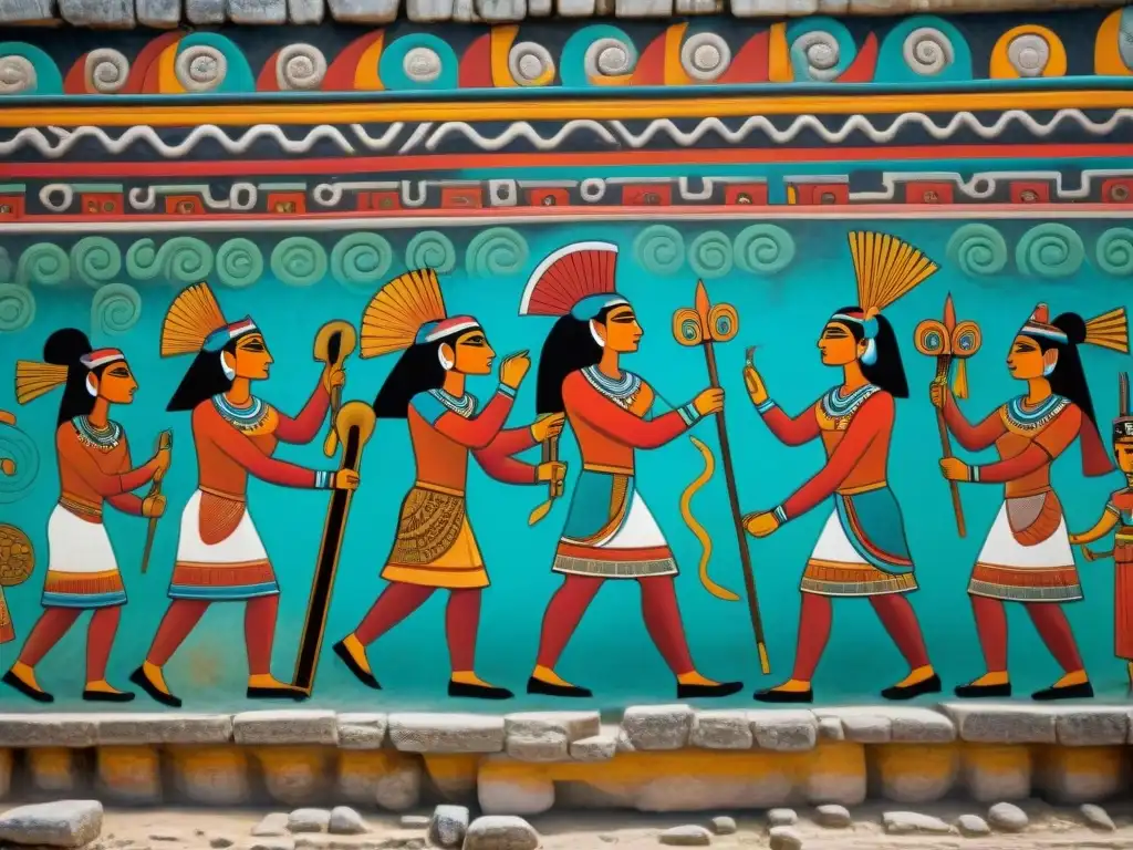 Detalle vívido de mural maya en palacio Kulubá: vibrantes colores y patrones revelan rica historia