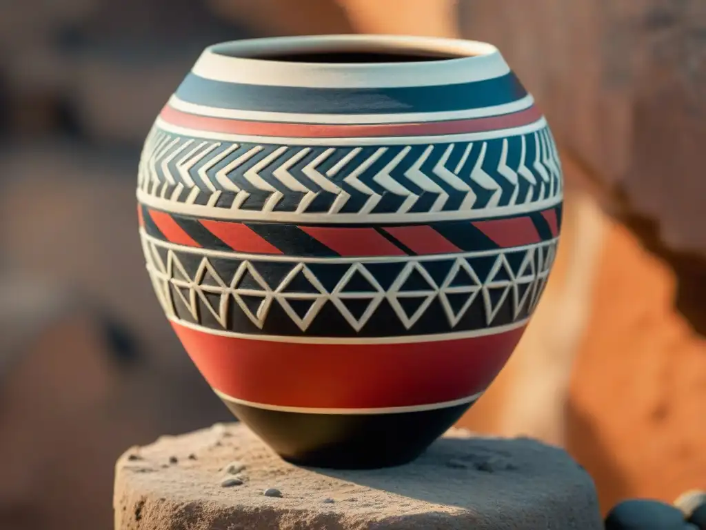 Detalle vívido de un vaso maya con complejos patrones geométricos al estilo Teotihuacano