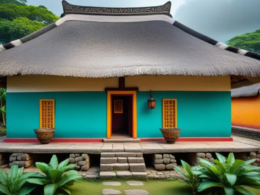 Detalle de una vivienda Maya con techo de paja, tallados en las paredes y colores vibrantes, capturando la esencia de la arquitectura Maya