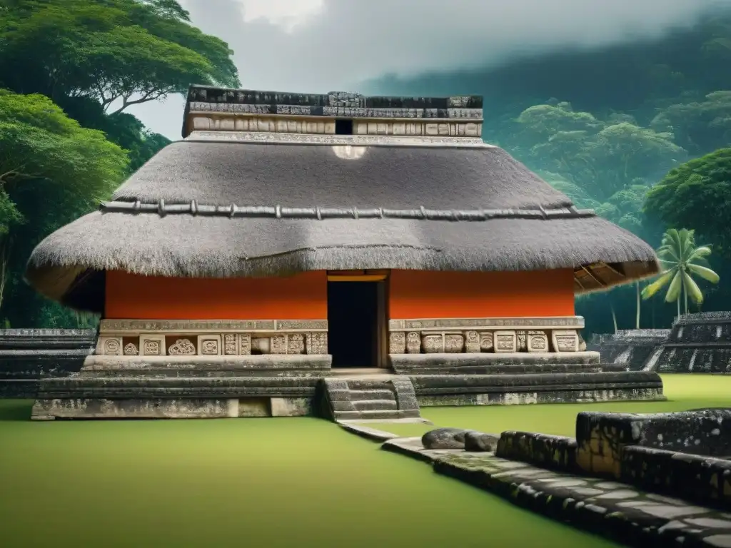 Detalle de viviendas Mayas en la arquitectura, con techos de paja, piedra y murales vibrantes