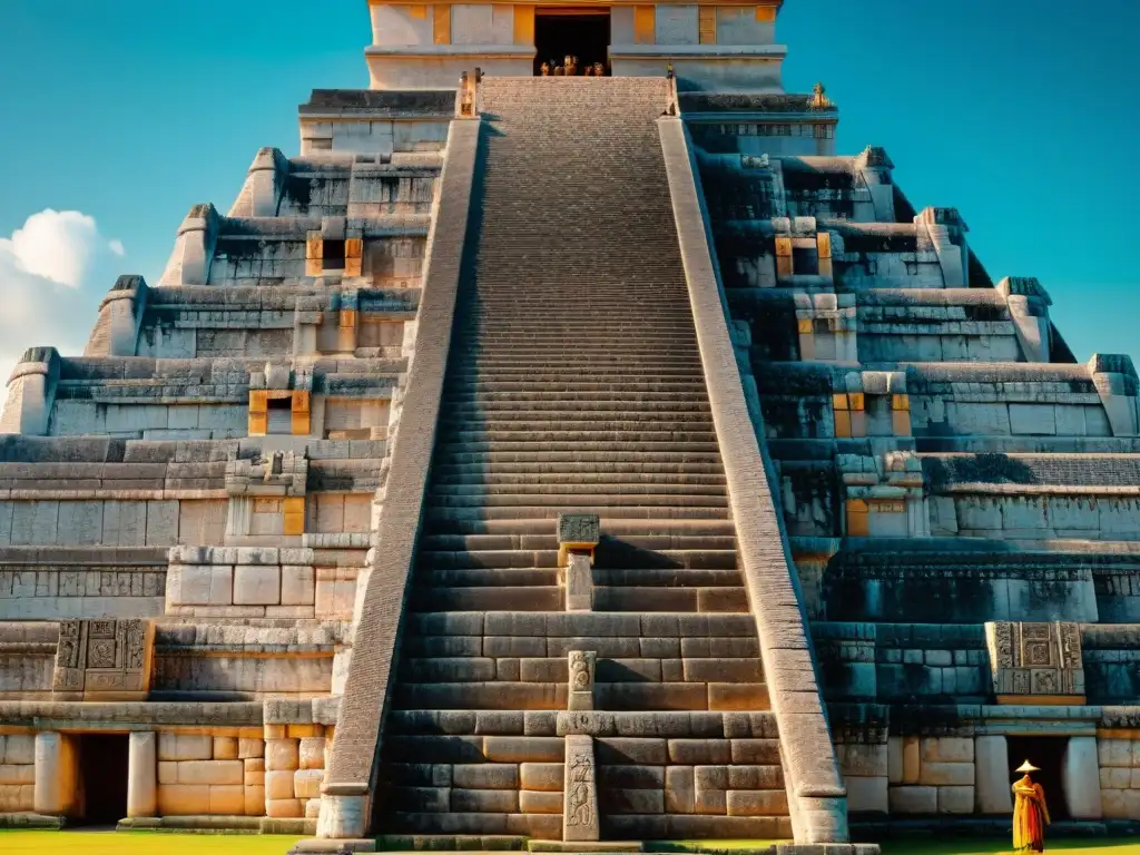 Detalles ancestrales en el templo maya de Kukulcán en Chichén Itzá, resaltando su arquitectura y astronomía