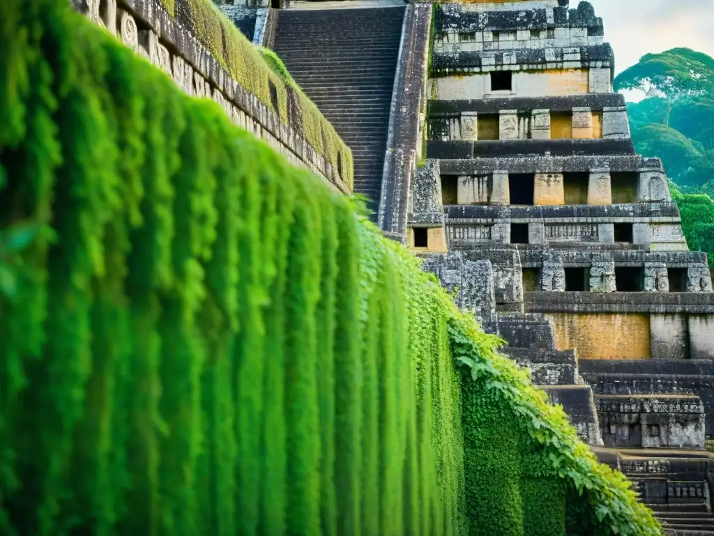 Detalles de la antigua construcción maya en Tikal, con selva vibrante al sol poniente