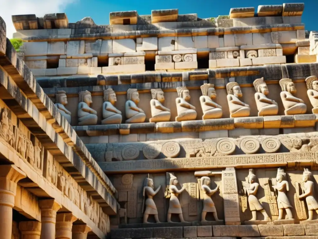 Detalles antiguos de la fachada de estuco de la Acropolis en Ek' Balam, mostrando deidades mayas y símbolos celestiales