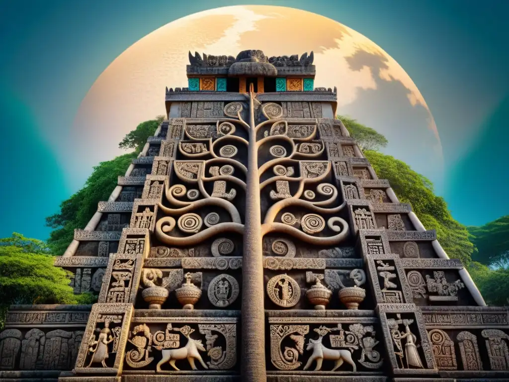 Detalles del Árbol del Mundo Maya significado tallados en un templo, con juego de luces y sombras