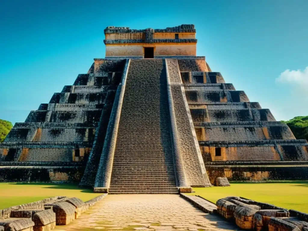 Detalles arquitectónicos y astronómicos de la Pirámide del Adivino en Uxmal, destacando la avanzada sabiduría maya en arquitectura y astronomía