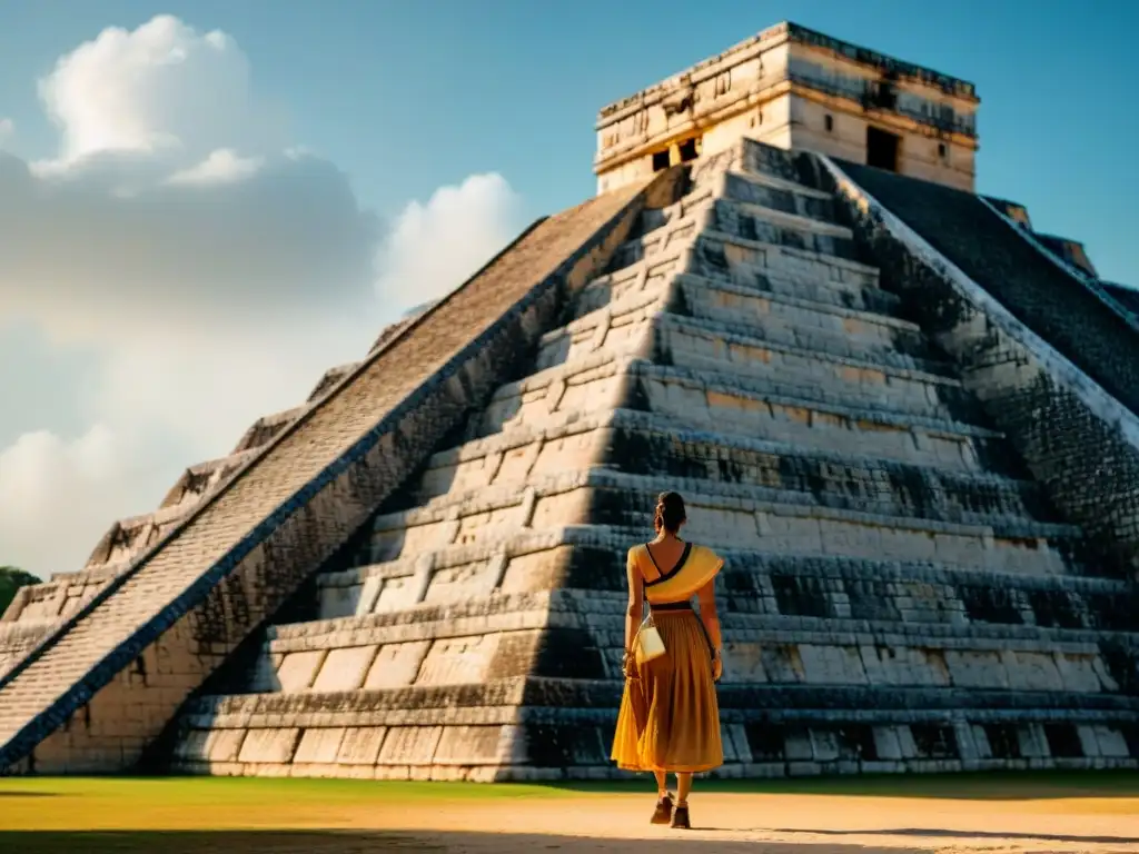 Detalles arquitectónicos y construcción en la civilización maya: pirámide de Chichén Itzá con juegos de luz y sombra