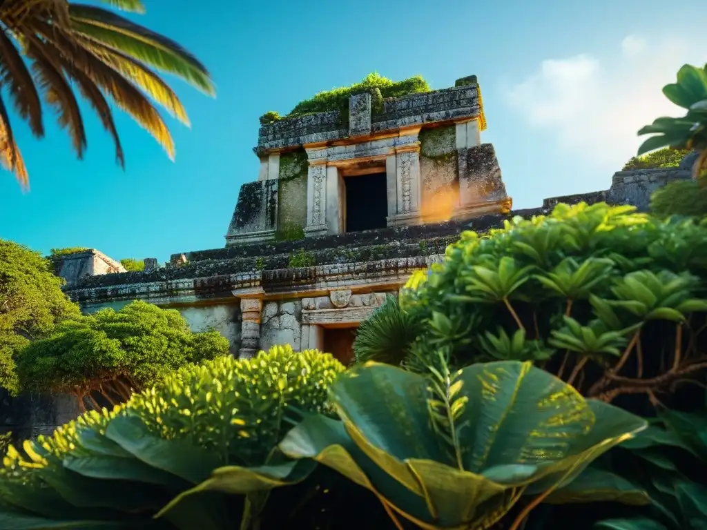 Detalles arquitectónicos mayas del Templo de los Frescos en Tulum, resplandeciendo bajo el sol caribeño