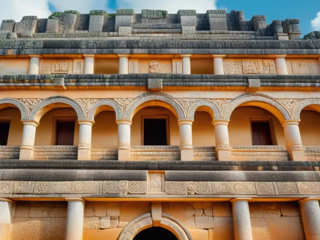 Detalles arquitectónicos del Palacio del Gobernador en Uxmal, Mayas, reflejan elegancia y funcionalidad en piedra bajo el sol de Yucatán