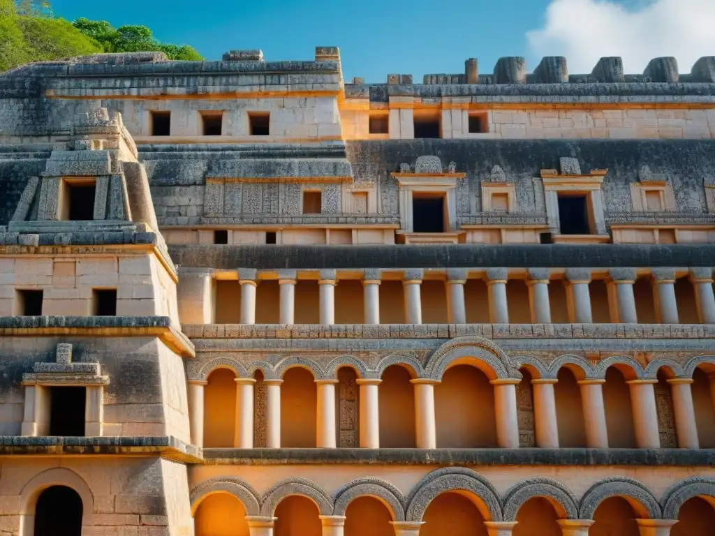 Detalles arquitectónicos y símbolos de la Construcción misteriosa de Uxmal resaltados por la luz y la sombra