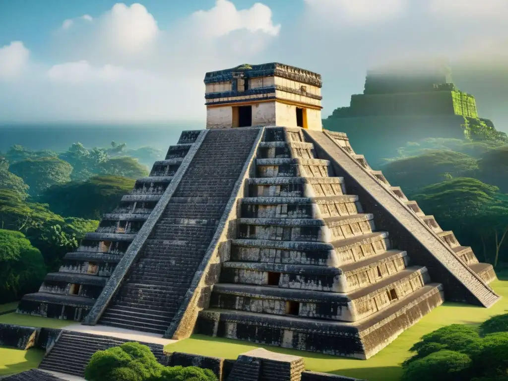 Detalles arquitectónicos de pirámide maya: diseño sostenible en ciudades mayas