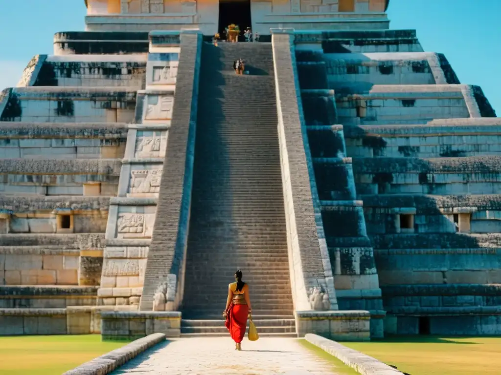 Detalles arquitectónicos del Templo de Kukulkán en Chichén Itzá, resaltando la ingeniería acústica de los templos mayas