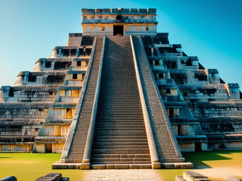 Detalles arquitectónicos del Templo de Kukulcán en Chichén Itzá iluminados, destacando las Técnicas de construcción mayas urbanismo