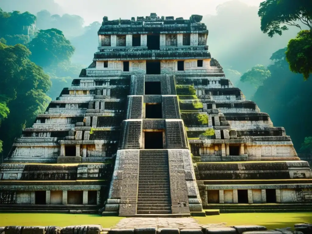 Detalles arquitectónicos del Templo de las Inscripciones en Palenque, México, resaltando tradiciones mayas en la vida moderna