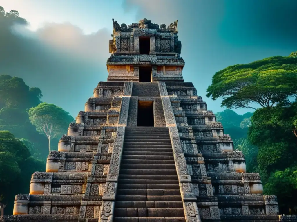 Detalles arquitectónicos de un templo maya, resaltando materiales de construcción mayas innovadores